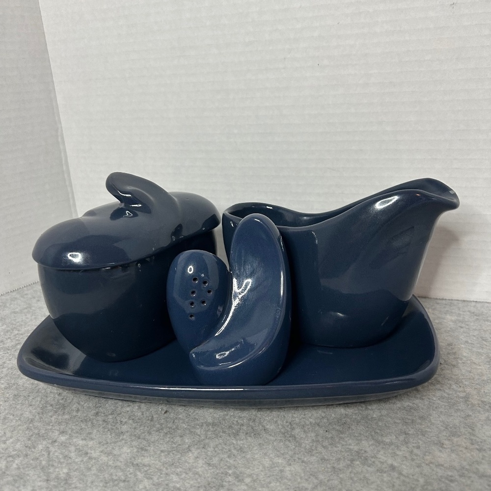 Frankoma Pottery 5 Piece Ceramic Set-Salt/Pepper, Gravy Boat, Creamer, Plate 9x4